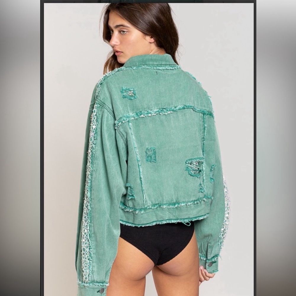 POL Sequin Lace Cropped Denim Jacket - Picture 2 of 6